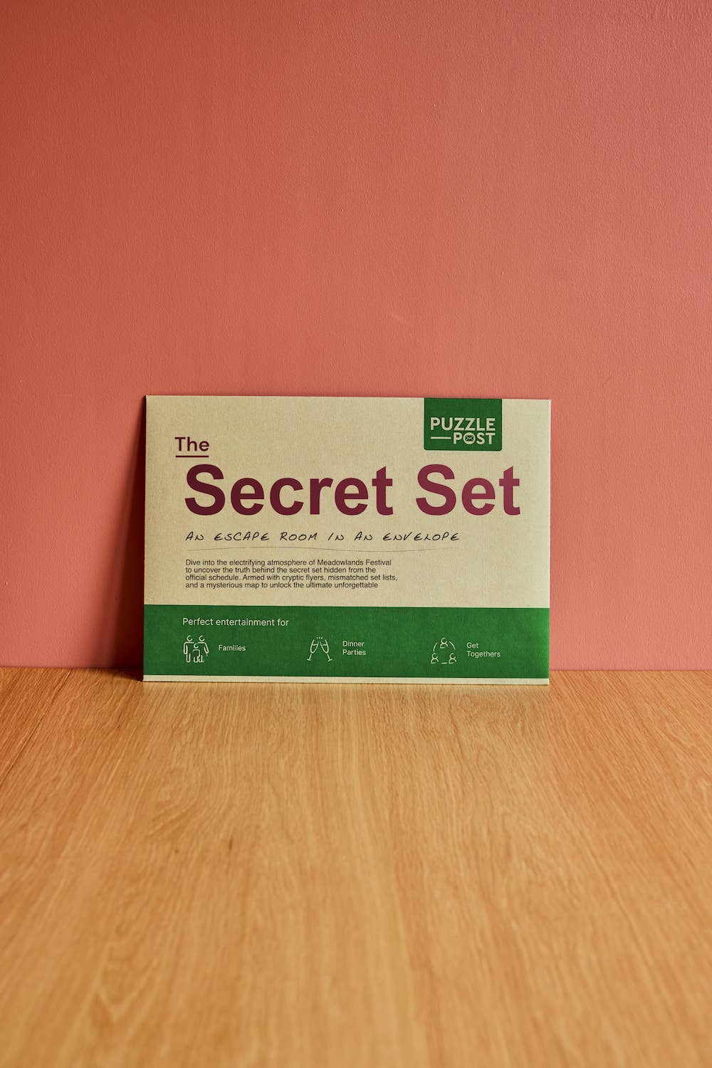 Escape Room in an Envelope The Secret Set game box, eco-friendly packaging, collaborative escape room puzzle for 2-8 players