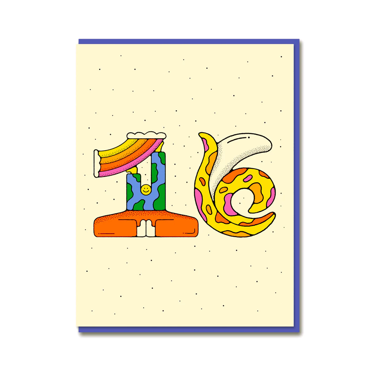 Fun 16th Birthday Card with vibrant design by Bailey Crouch, featuring '16' illustration and blue envelope