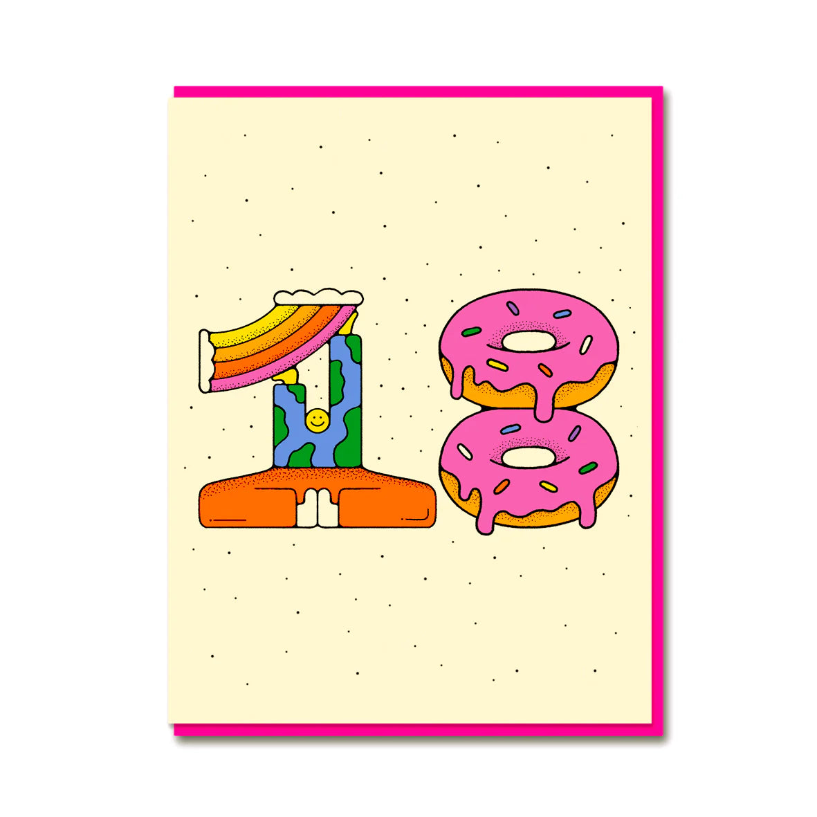 Vibrant 18th birthday card featuring pink frosted doughnuts, a cheerful figure holding a rainbow, all forming the number 18. Designed by Bailey Crouch, with a cream background and pink envelope.