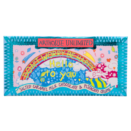 Arthouse Unlimited 'Be Happy' salted caramel milk chocolate bar with pistachio, front view.