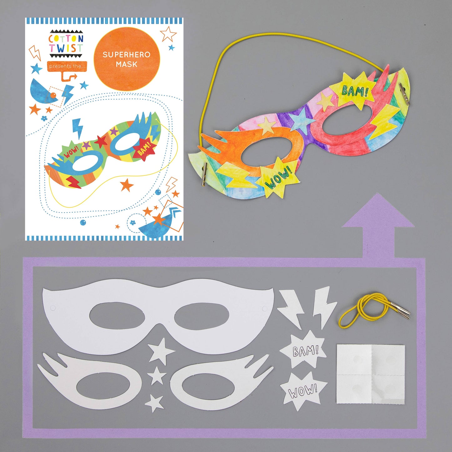 Children can use the mask base & cut-outs to embellish their masks and create their favourite superhero mask. Colour in your mask & accessories, attaching them with the glue dots, then it's time to show family & friends your special powers!