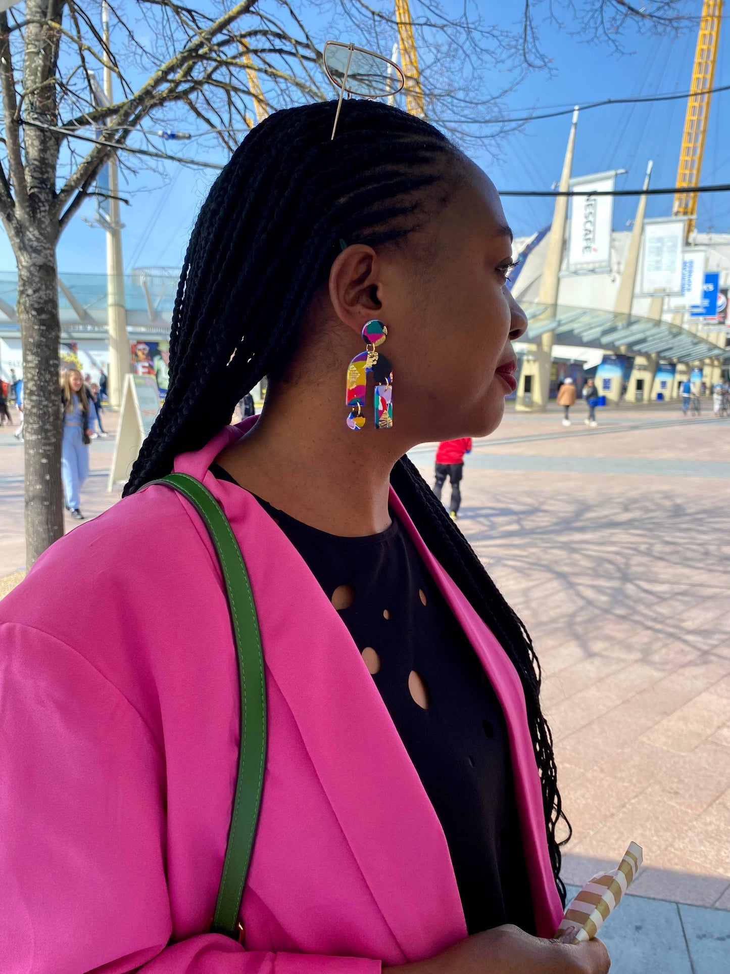 No Shrinking Violet bold polymer clay statement earrings, bright colours, gold accents, 7cm, nickel-free.
