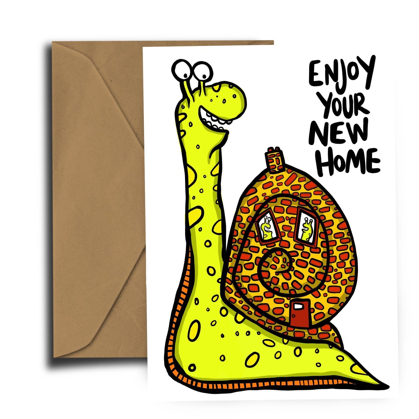 Comic New Home Card by Dixon Does Doodles, cartoon snail illustration on sustainably sourced A6 card, with recycled kraft envelope and eco card catch sticker