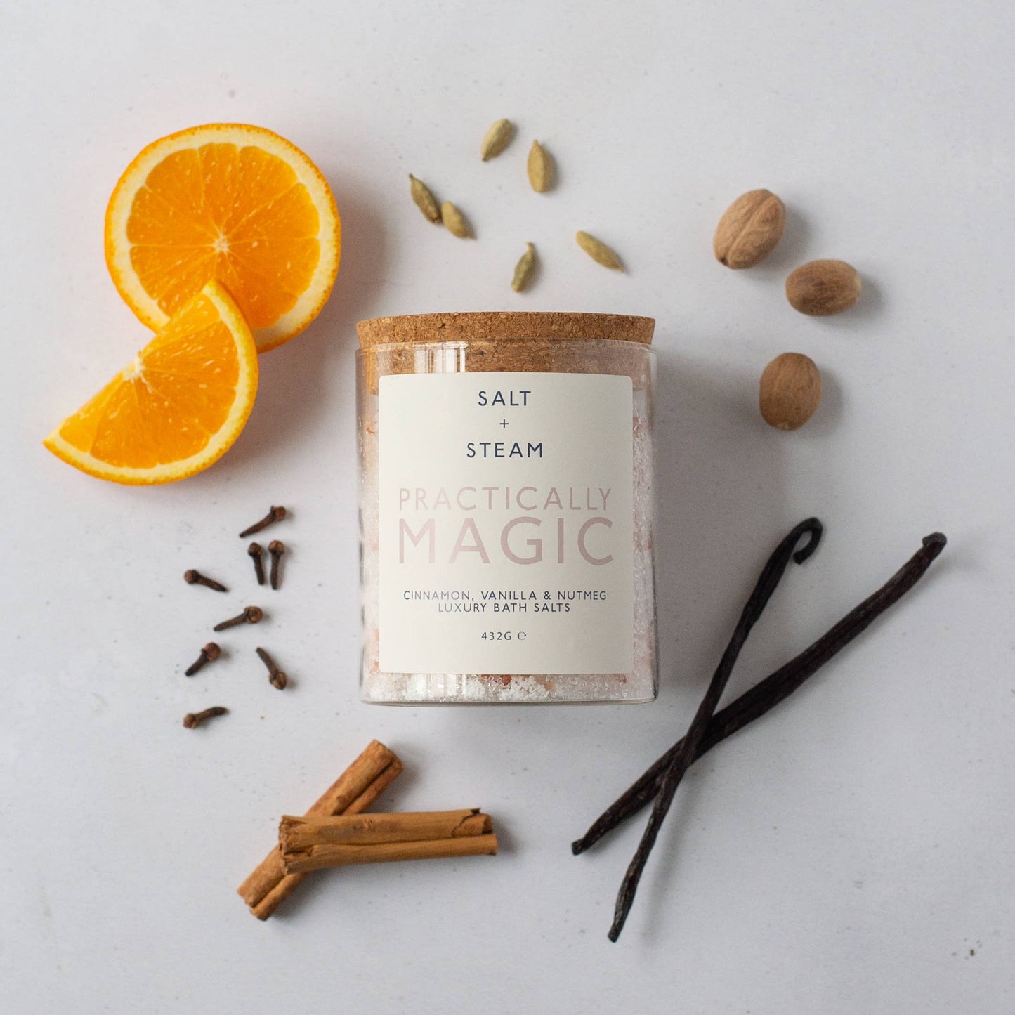 Muscle-soothing, hydrating bath salts in eco-friendly packaging.