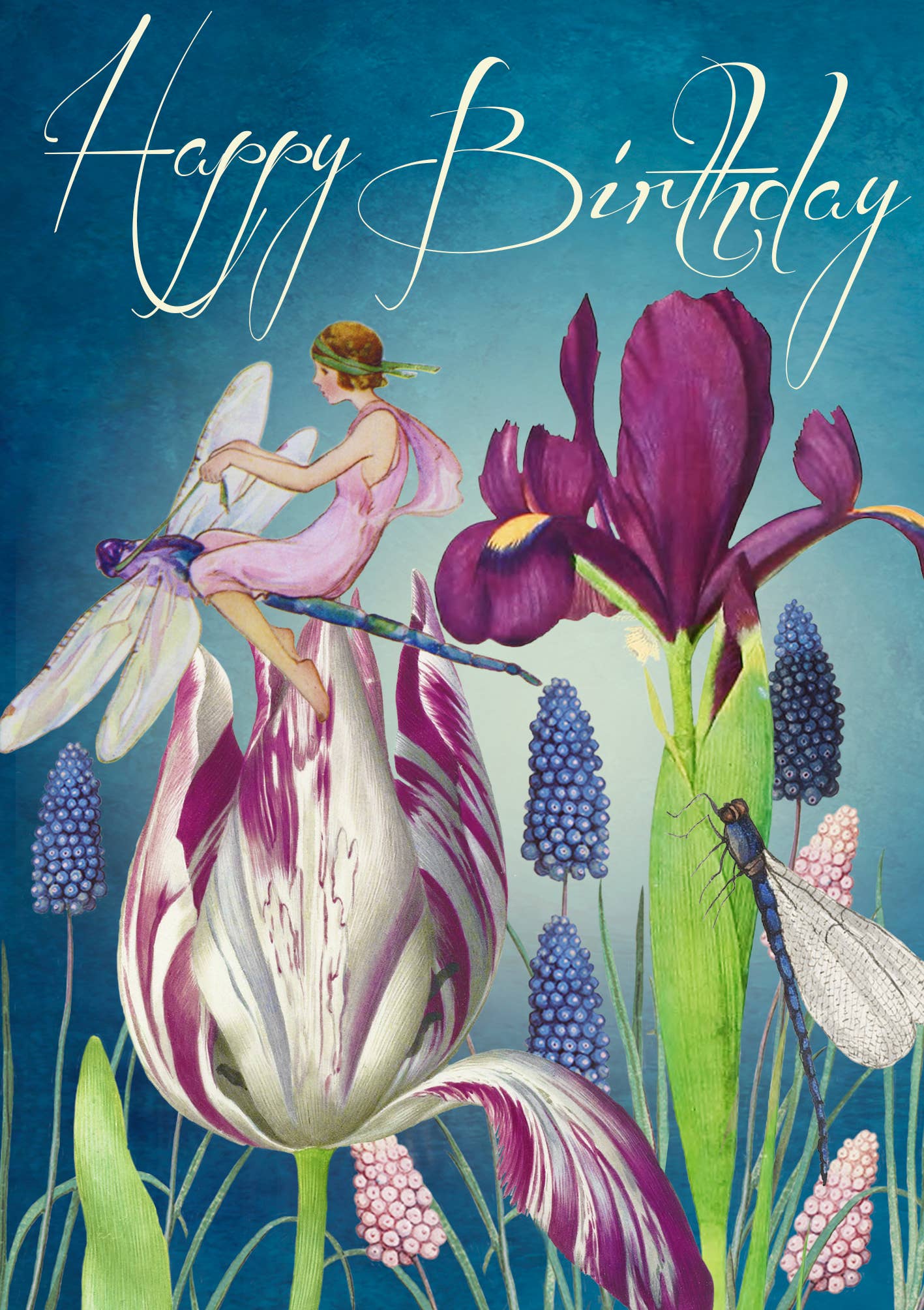 Close-up of 'Over the Garden' birthday card showing an elegant dragonfly design.