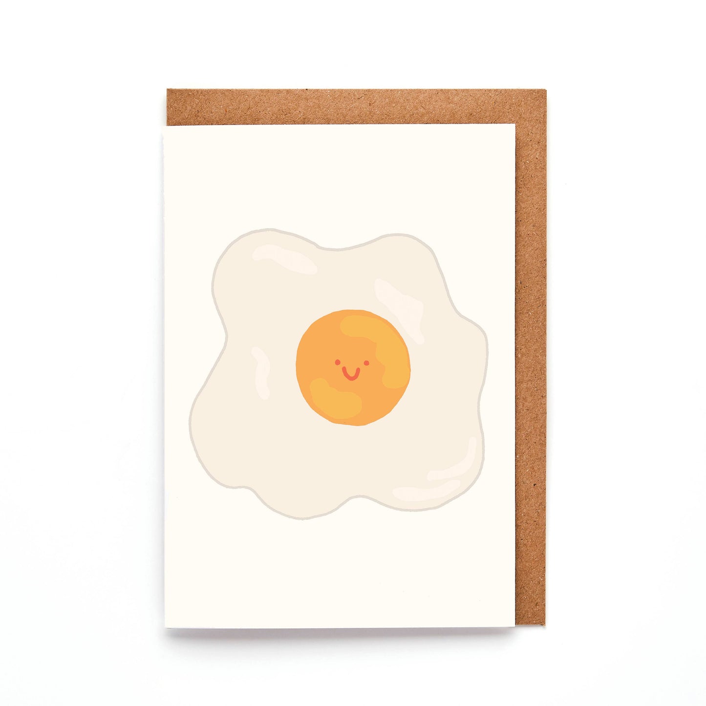 Fried Egg Mini Card with hand-drawn happy fried egg illustration, UK-made, sustainable 300gsm A7 Callisto Pearl paper
