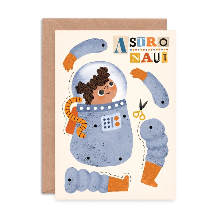 Assembled astronaut split pin puppet from eco-friendly greeting card