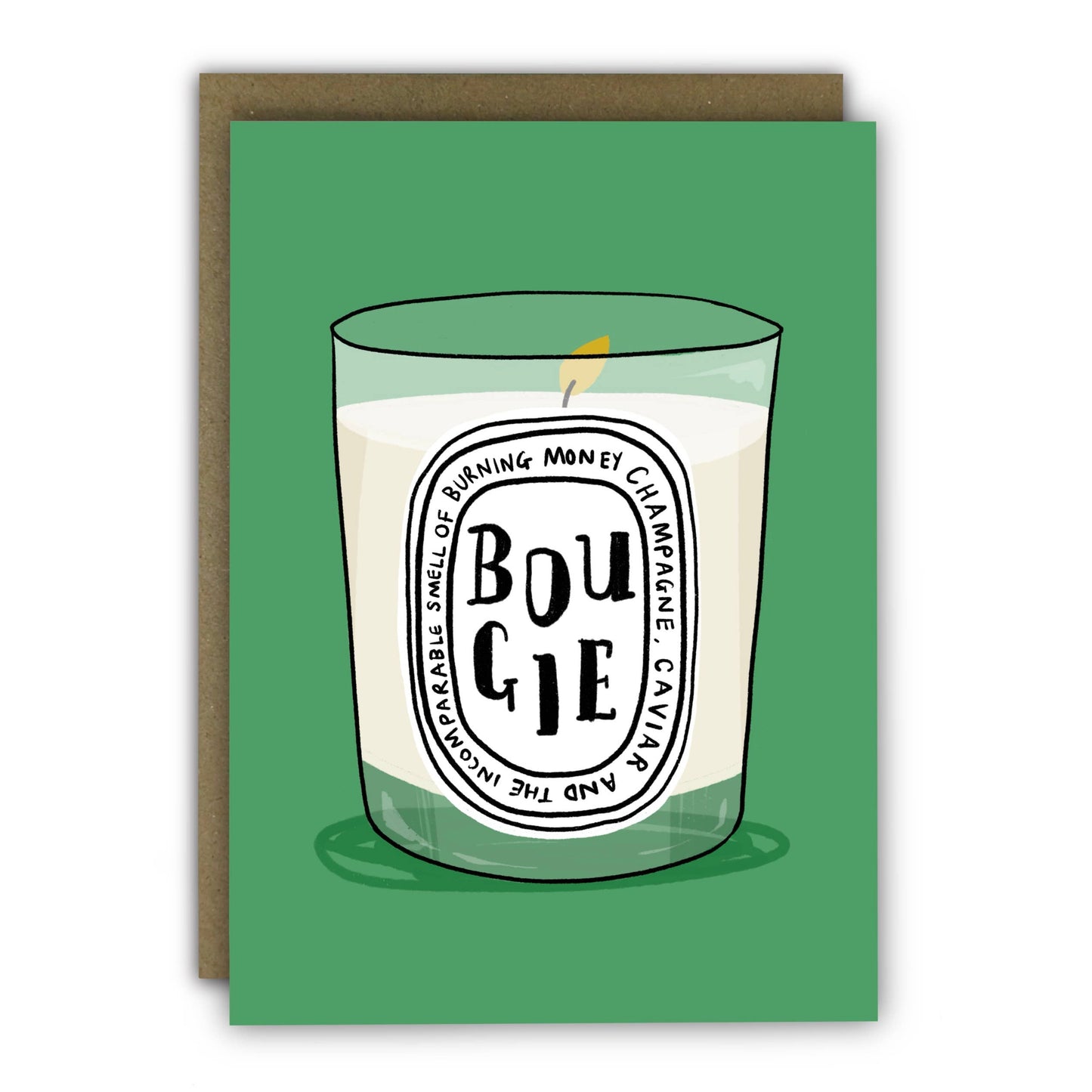 Funny “Bougie Birthday Posh Candle” birthday card—A6 size, hand-illustrated, premium lightly textured card, UK made, blank inside, kraft envelope.