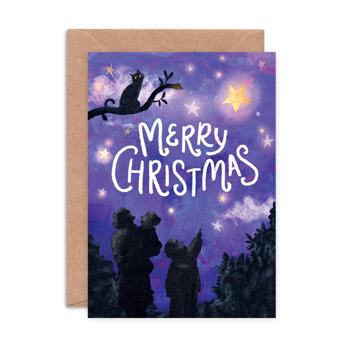 Box set of six A6 illustrated Christmas cards by Emily Nash, each featuring a different festive family scene, with recycled kraft envelopes in a cardboard presentation box.