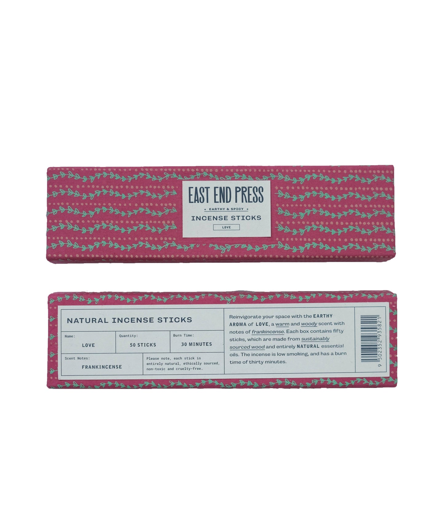 Reinvigorate your space with the earthy aroma of Love, a warm and woody scent with notes of frankincense. Each box contains fifty sticks, which are made from sustainably sourced wood and entirely natural essential oils. The incense is low smoking, and has a burn time of thirty minutes.
Includes: 50 natural incense sticks in every pack