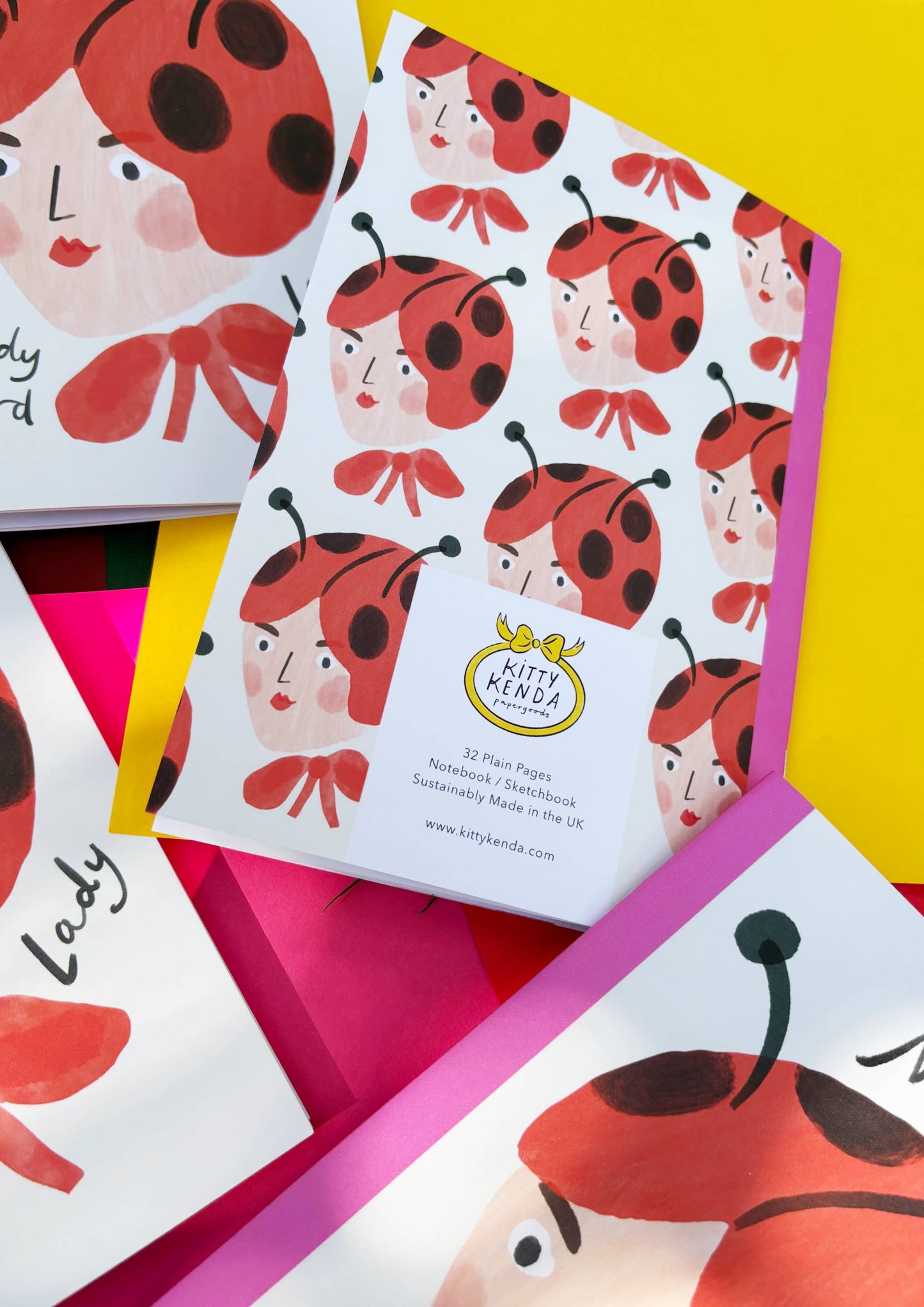 Illustration of a lady's head adorned with a ladybird hat and big red bow. With the words Notes at the top and Lady bird, Lady across the bottom. The Notebook is bound with a pink edge and has plain paper for notes and sketching.