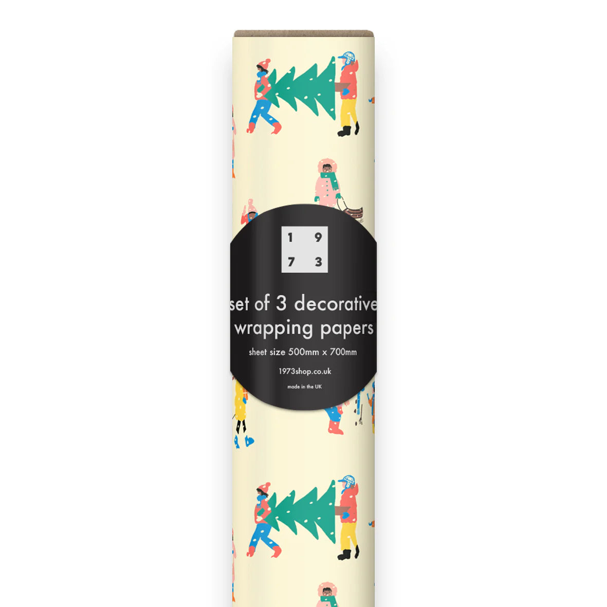 Sustainably certified Emma Cooter Draws 1973 wrapping paper printed on recycled paper with plastic-free packaging