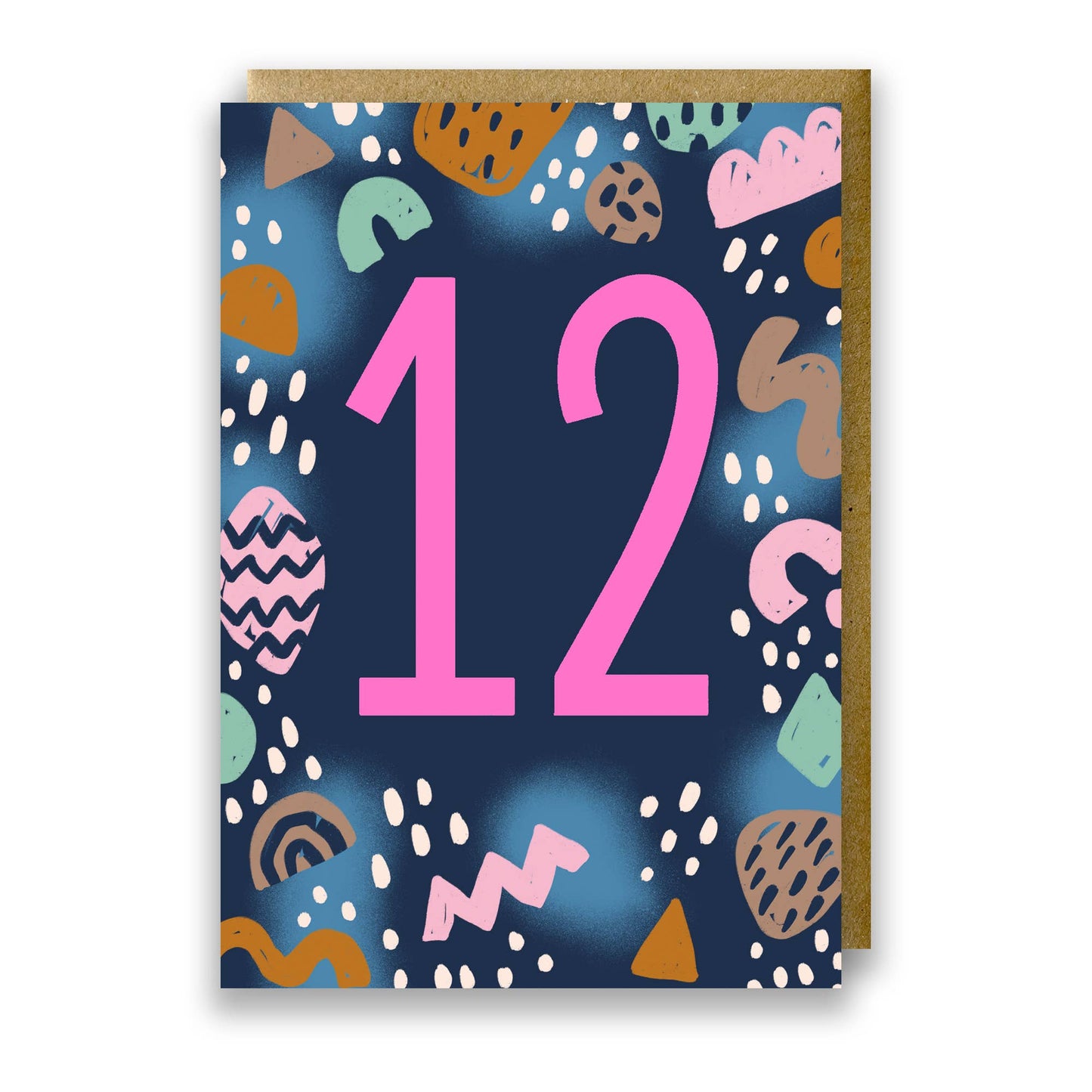 This on trend colour palette and neon pink number makes this milestone birthday card stand out on the shelf. Printed onto premium matt card with a kraft envelope. Illustrated greeting card with abstract shapes pattern and neon pink ink number 12.