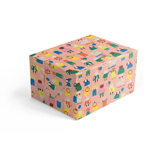 Close-up of Aless Bayliss 'Friends' animal-themed recycled gift wrap, showing vibrant illustrations, plastic-free packaging.