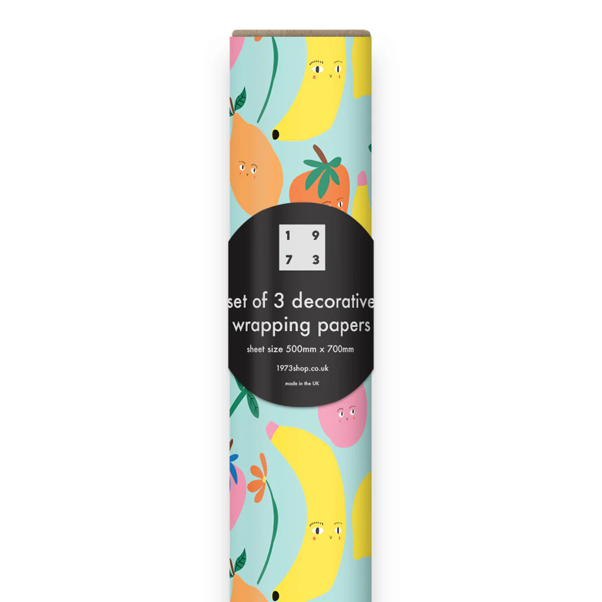 Close-up of Aless Bayliss fruity recycled wrapping paper roll, showing vibrant fruit patterns and plastic-free packaging.