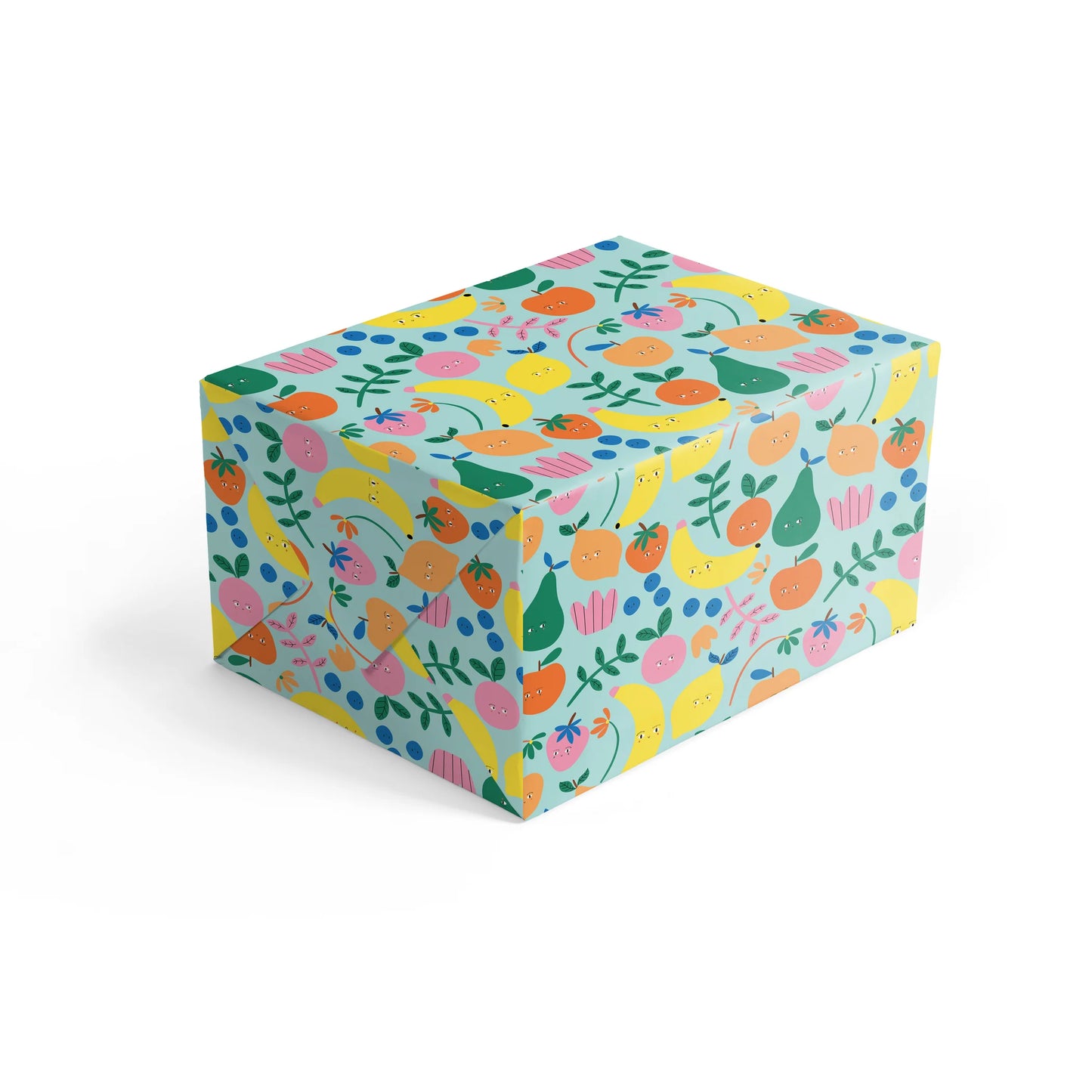 Detail of Fruit Faces eco-friendly gift wrap printed in the UK
