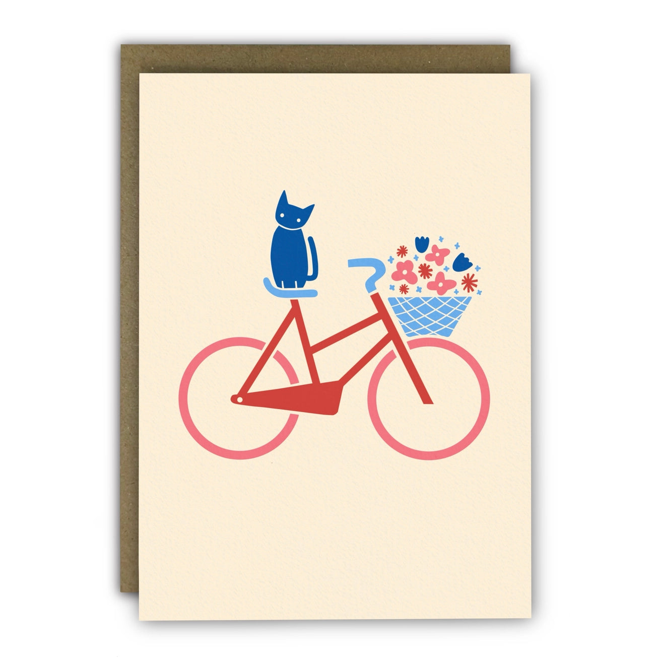 Minimalist greeting card featuring a cat on a bicycle with flowers, printed on ivory card stock.
