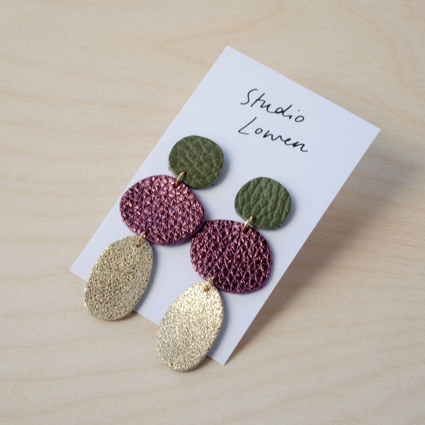 Kensa Hedgerow Dangle Earrings in Olive, Berry, and Shimmer Gold Italian leather offcuts. Statement and eco-friendly.