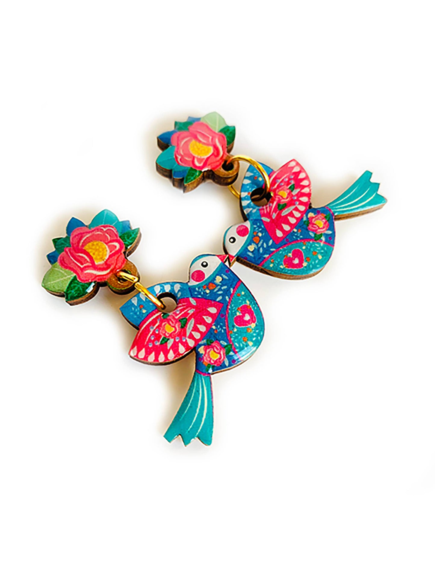 Playful kissing bird earrings designed by Rosie Rose Parker. Lightweight dangles in blue-green and pink, coated with resin for a glass-like finish. Beautifully detailed and handmade. Flower is the stud area and the dangle is the bird.