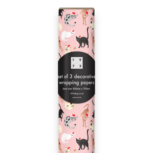 Sustainably certified Carolyn Suzuki Festive Feline wrapping paper roll printed on recycled paper