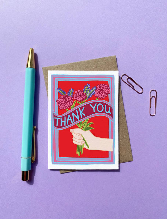 Close-up of the sustainably sourced 300gsm Tintoretto Gesso paper of the 'Thank You' mini card, showing texture and quality.