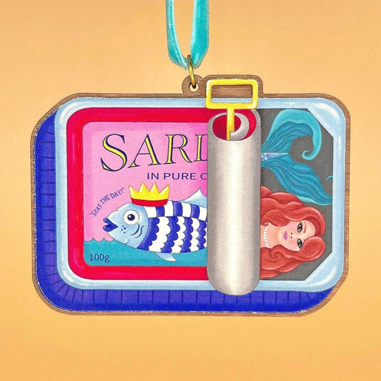 Sardine Tin Mermaid wooden Christmas tree decoration with Teddy & Kipling illustration, sustainably certified cherry wood, gold-plated ring, and turquoise velvet ribbon
