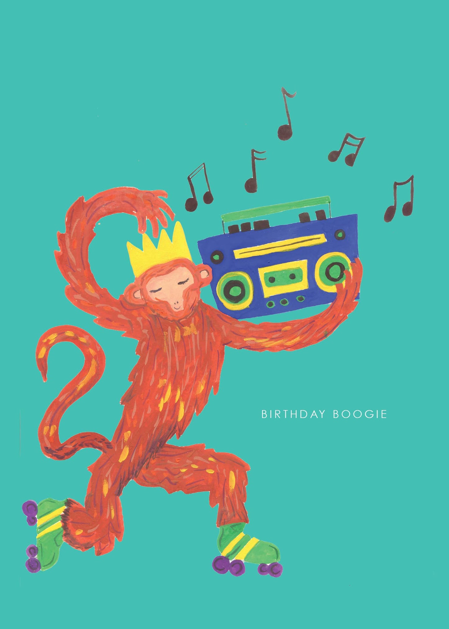 Hand-illustrated musical monkey on roller skates, “BIRTHDAY BOOGIE” text, 5x7” birthday card, UK made, with recycled kraft envelope, sustainable.