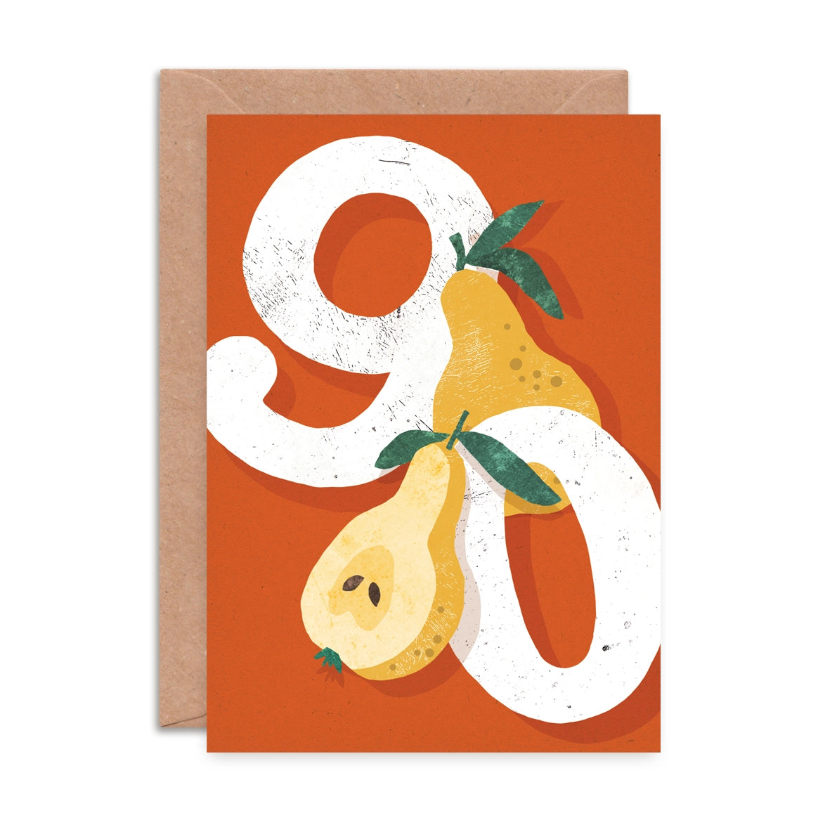 A6 birthday card featuring a bright pear-themed illustration and ‘Ninety’ caption by Emily Nash, printed on premium matte card with recycled kraft envelope