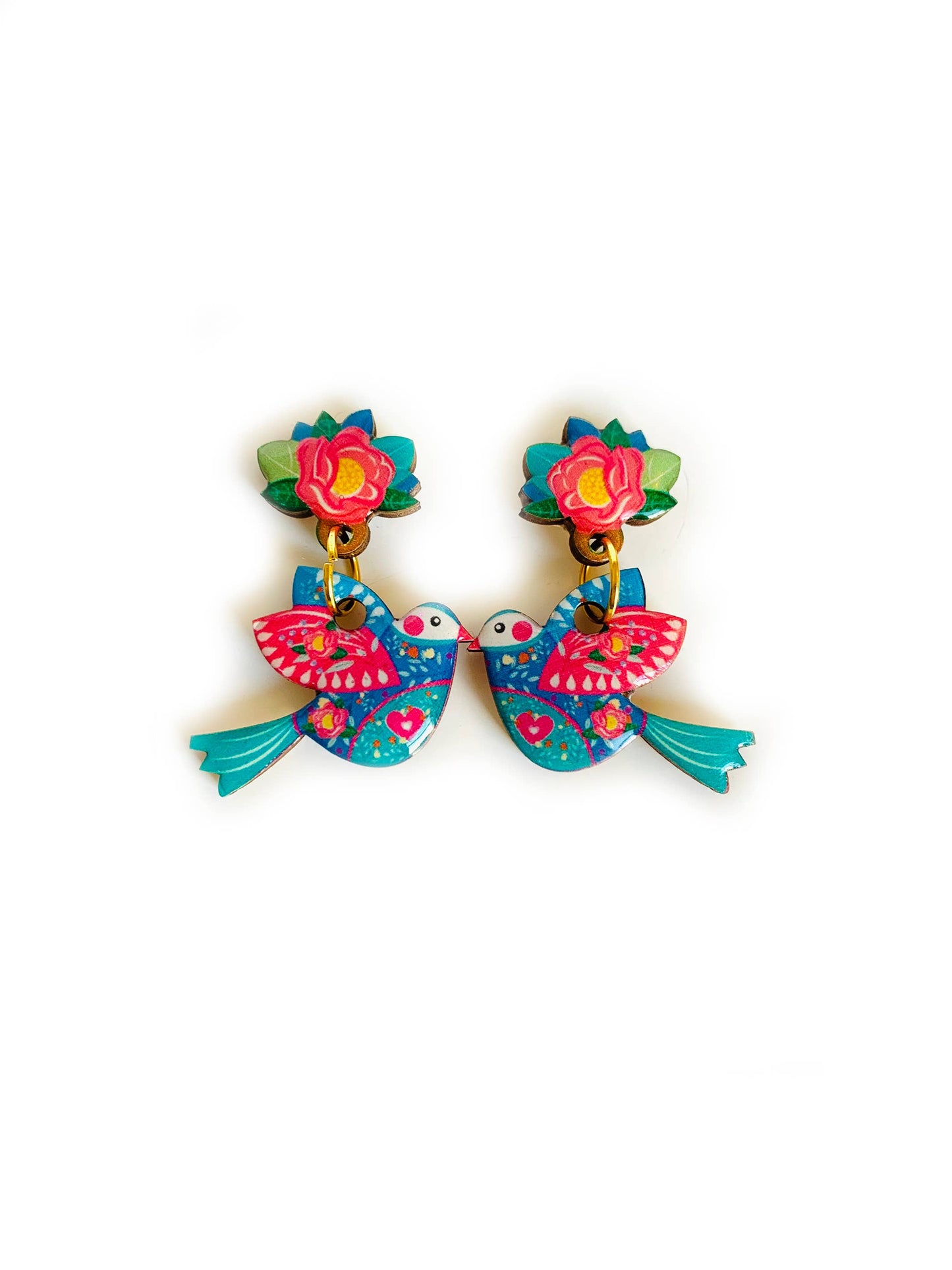 Playful kissing bird earrings designed by Rosie Rose Parker. Lightweight dangles in blue-green and pink, coated with resin for a glass-like finish. Beautifully detailed and handmade. Flower is the stud area and the dangle is the bird.