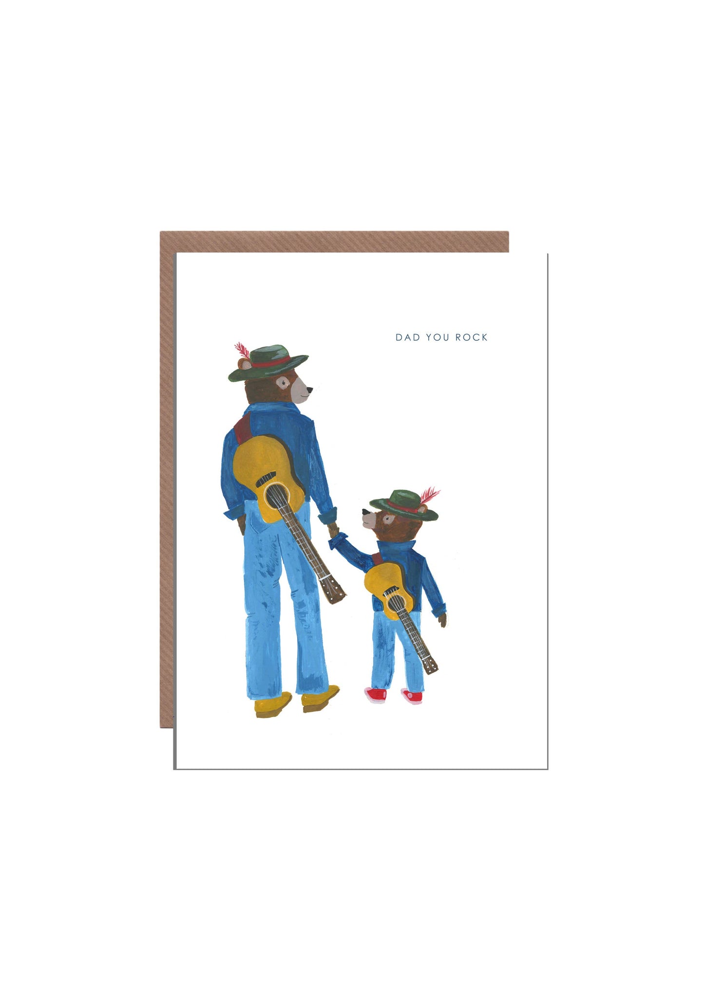 Hand-illustrated “Dad You Rock” card, cool Dad, 5x7in, UK made, blank inside, recycled kraft envelope.