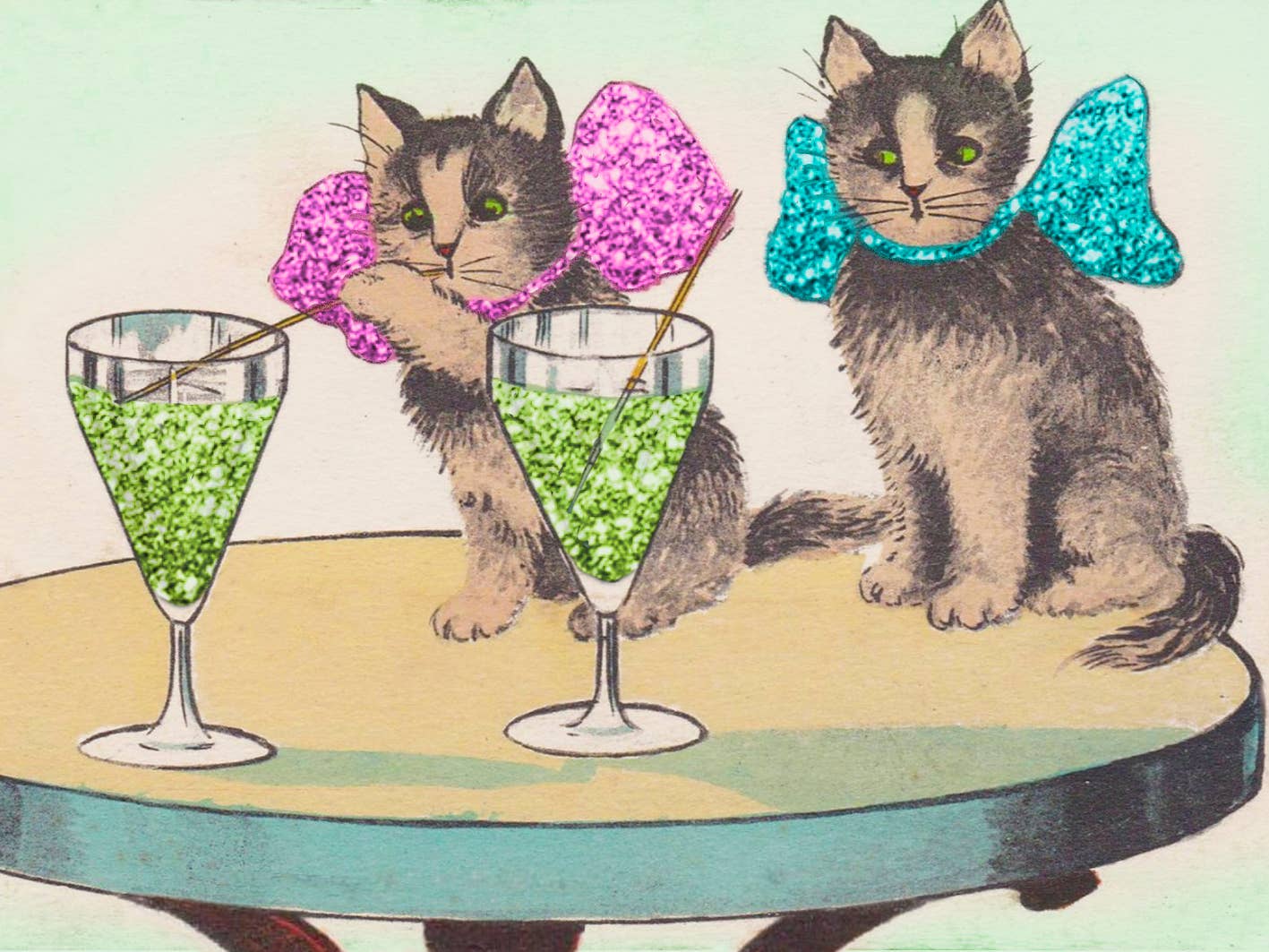 Festive kittens, adorned with glittery pink and blue bows, sip on a Christmas drink in this vintage-inspired illustration.