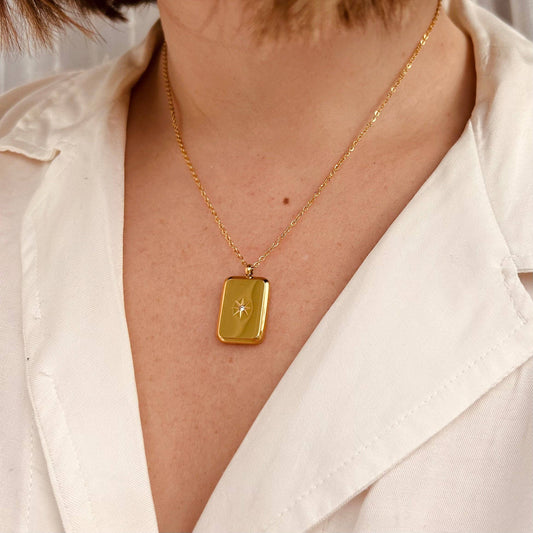 Star Embossed Gold Pendant Necklace in Teardrop Shape