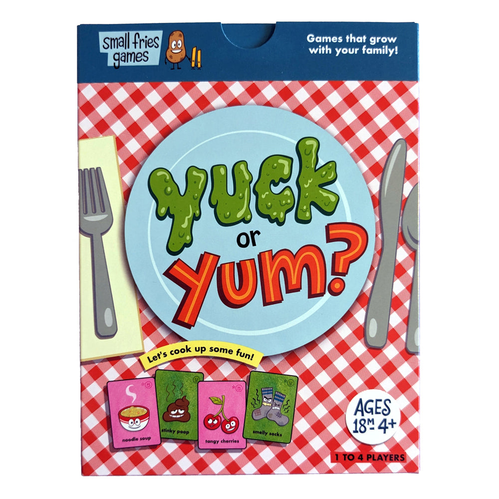 Yuck or Yum? card game packaging, highlighting sustainably sourced and plastic-free features