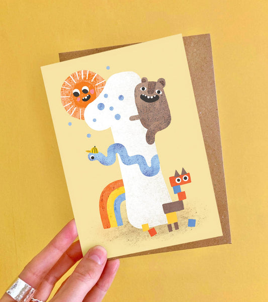 A6 Crazy Critters First Birthday Card with Recycled Envelope