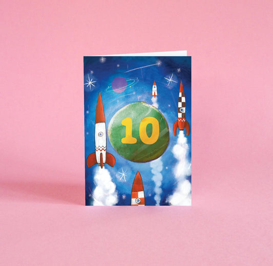 Close-up of 'Space Cadets' 10th birthday card, A6 size, with recycled envelope.