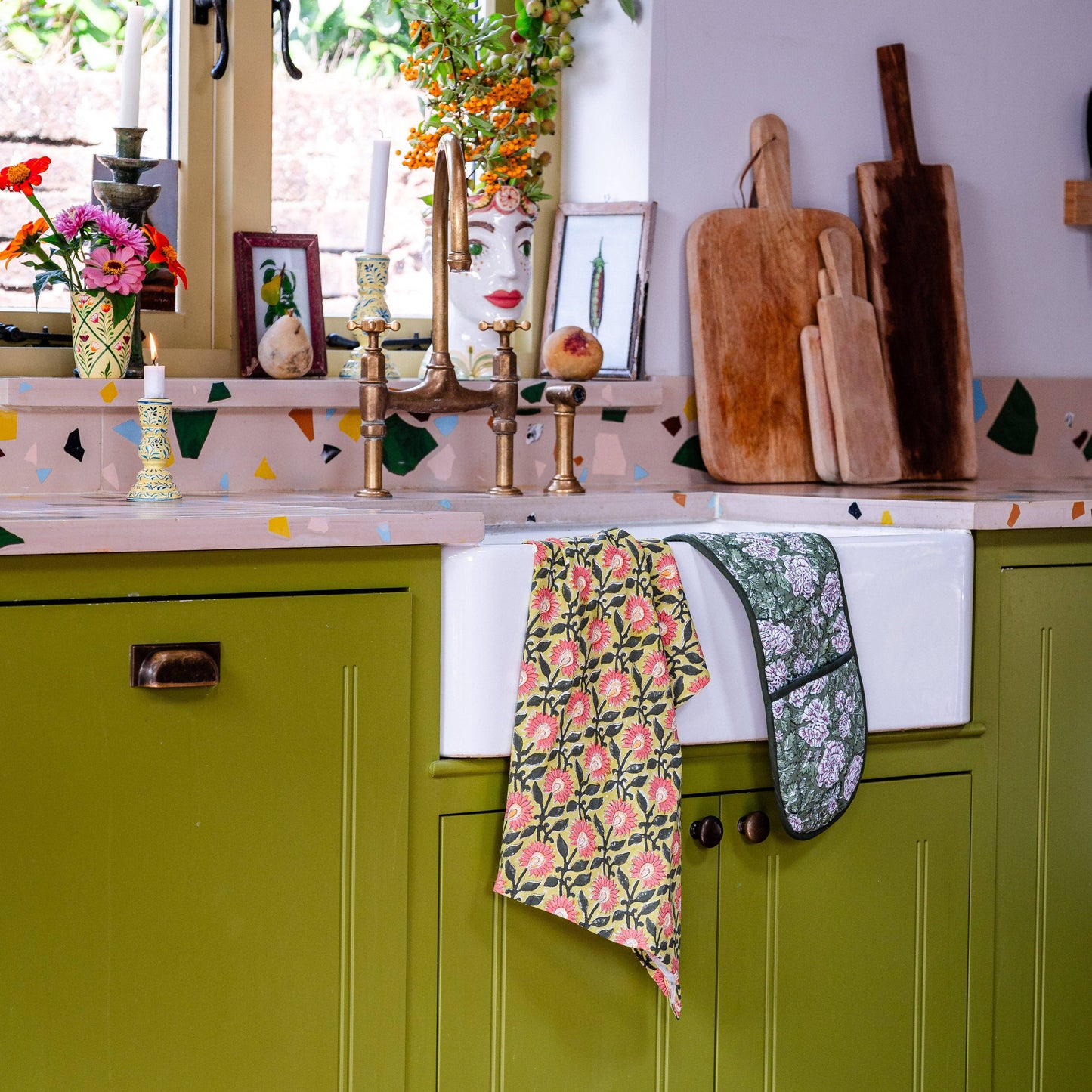 Full view of the 50 x 70cm block printed tea towel