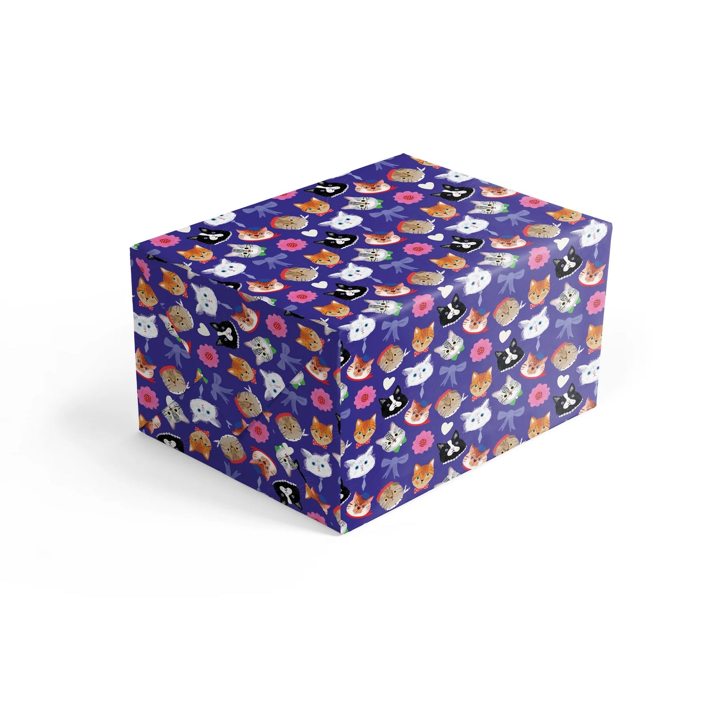 Wrapping paper with cat and bow designs on a purple background. Roll of 3 recycled sheets. Plastic Free.