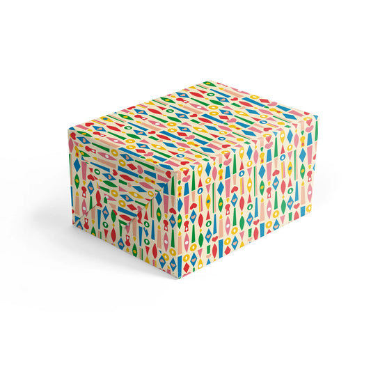 Close-up of Bureau Alice Ornaments recycled gift wrap pattern, eco-friendly and colourful