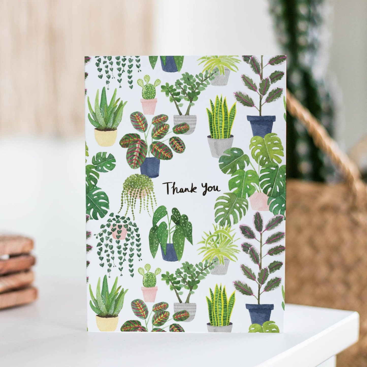 Plants Thank You Greetings Card by Sarah Frances, indoor plants design, A6 size, 300gsm card stock with pink envelope.