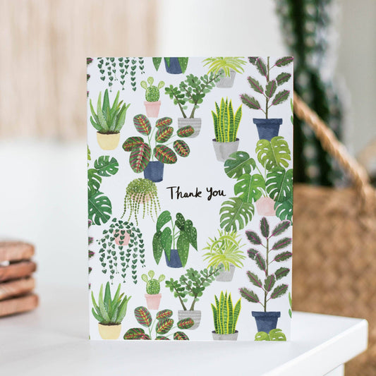 Close-up of Sarah Frances Plant Thank You Greetings Card with pink envelope, showcasing the detailed botanical illustration.