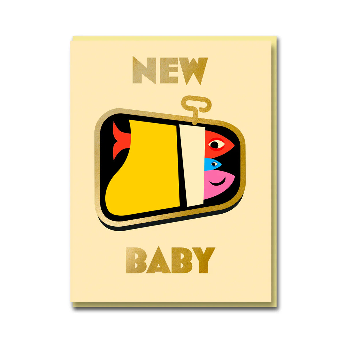Quirky new baby greeting card with gold foil sardines by Bureau Alice for 1973. UK printed, includes cream envelope. Perfect for new parents.