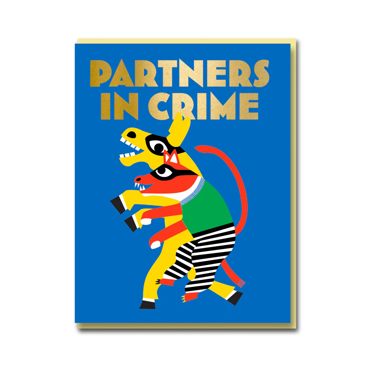Partners in Crime greeting card by Bureau Alice for 1973, featuring donkey and fox in burglars mask, litho printed with gold foil, cream envelope, size 108mm x 140mm.