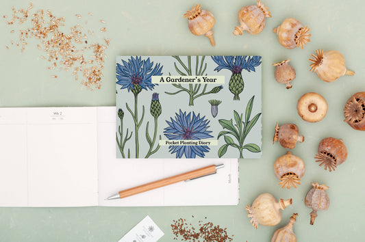 Gardener's Diary with vintage cornflower illustrations, open dated month-to-view planner by Studio Wald.