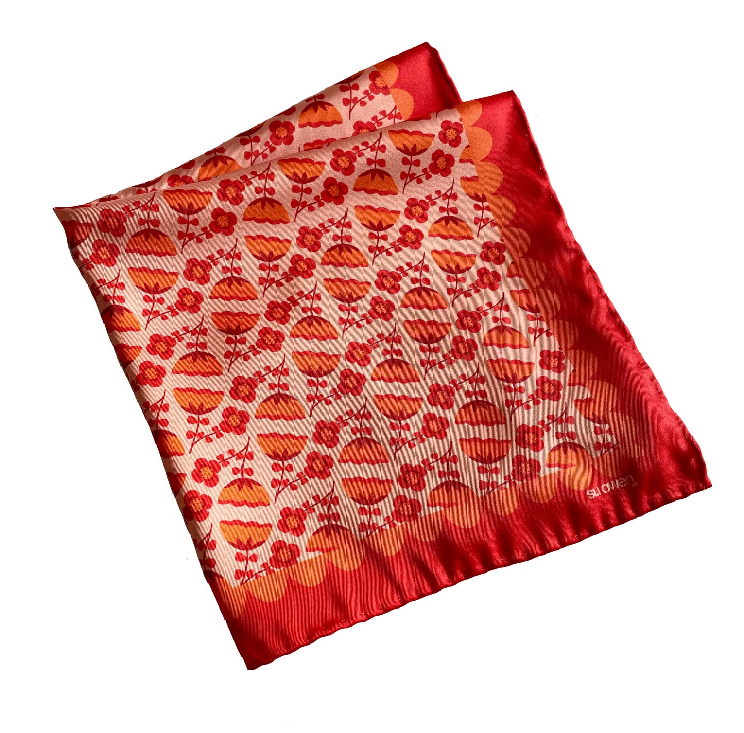 Eco silk twill pocket square with orange folk flower pattern and scalloped border, cottagecore style. Made from recycled polyester and designed by Su Owen.
