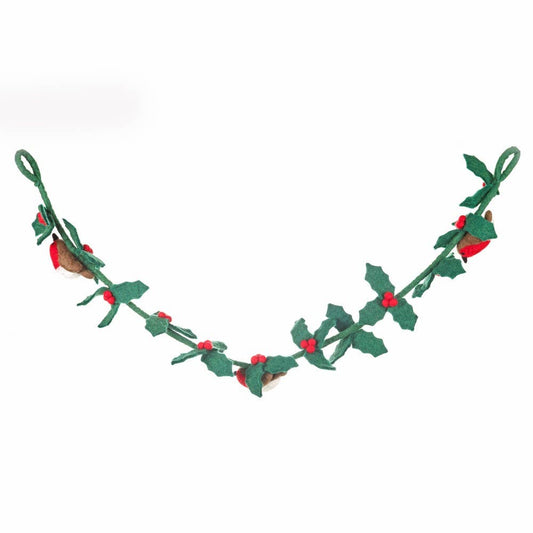 This beautiful holly garland makes for the perfect festive accessory, plus this version comes with three chirpy little friends! Display it on your banister, your mantlepiece or wherever you want to add some funky, felted flair! This timeless decoration is a beautiful take on a Christmas classic - plus, no spikes!
Made entirely by needle and wet felting techniques, with three handmade needle felted birds attached via hand stitching.