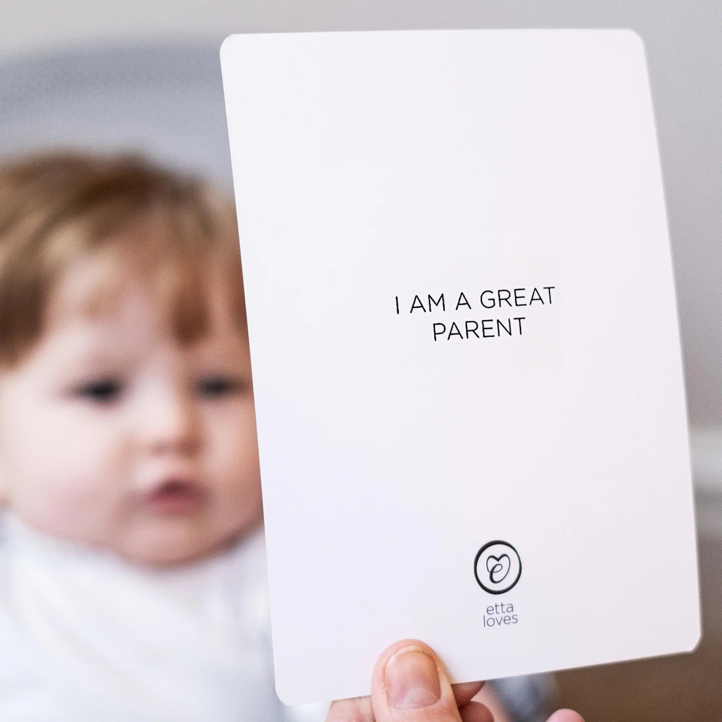 Etta Loves sensory flashcard set with black-and-white high contrast patterns and affirmations on the reverse, in recyclable UK-made packaging.