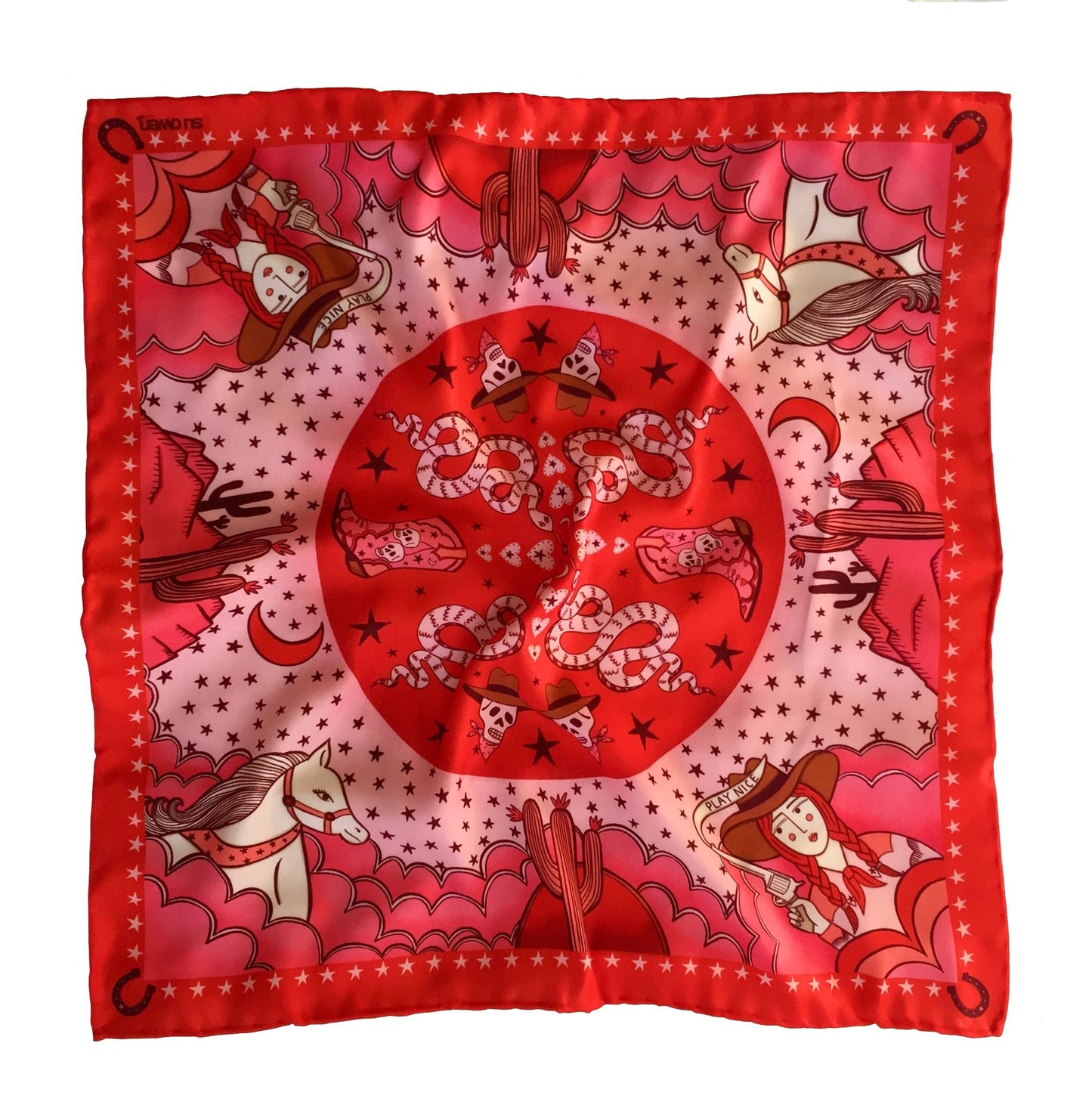 Eco silk twill pocket square with sassy cowgirl and white stallion, cacti, stars, boots, snakes, mountains, and horseshoe border in red and pink. Made from recycled polyester, designed by Su Owen.
