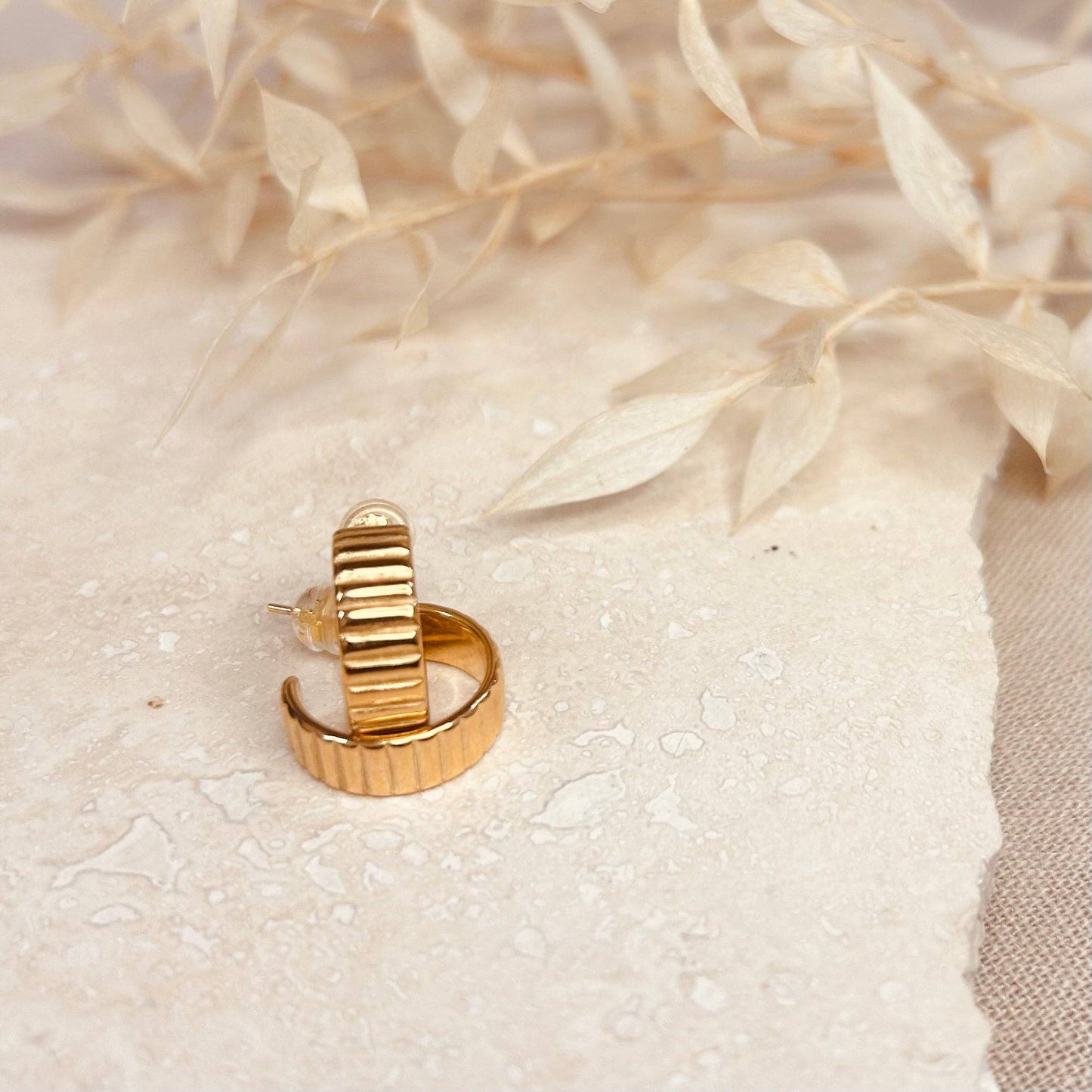 Little Nell Stella 18k gold plated hoop earrings, hypoallergenic, water resistant, 14x6mm.