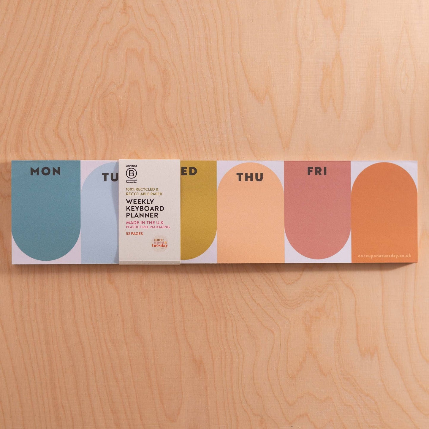 A simple keyboard weekly planner pad in contrasting colours to help with organisation - a perfect addition for the WFH desk, office or dorm room. The planner runs from Monday to Sunday and features daily boxes for important tasks and notes.
The compact size is designed to sit above a keyboard neatly. Makes for a lovely, practical stationery gift for anyone working from home, students or busy parents.