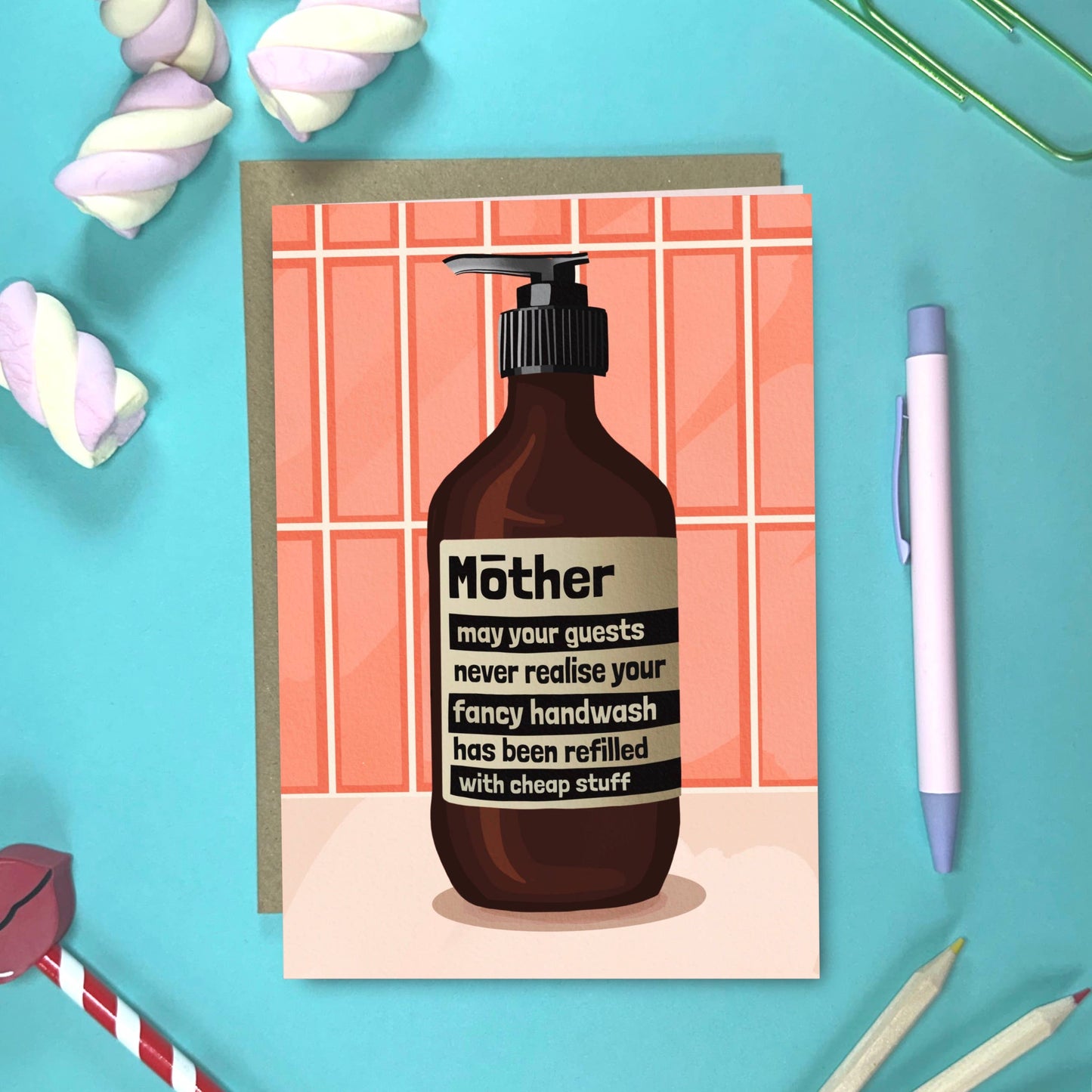 A picture of a liquid soap with the words. Mother may your guests never realise your fancy handwash has been refilled with the cheap stuff. Written across the bottle.